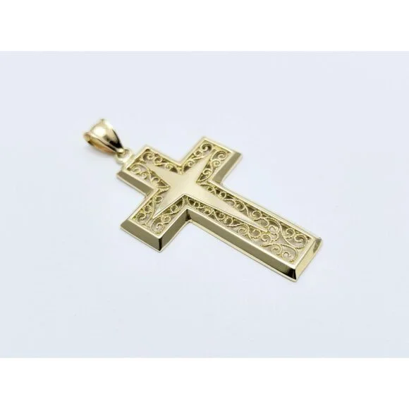 Beautiful 14K Karat Solid Yellow Gold Religious Designer Cross Charm Pendant